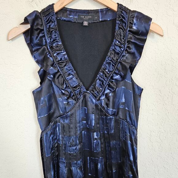 Ted Baker Silk V Neck Sheath Dress Black Blue Print Womens 4 - Picture 2 of 11